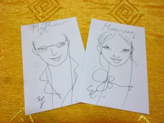 At a night market in Bangkok an artist called 'Peach' scribbled these sketches as 'business cards' for us, in case we ever wanted to buy one of his quirky cat portraits