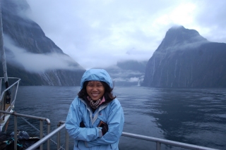 Milford Sound in typical fiordland weather. Which means cold, wet and windy