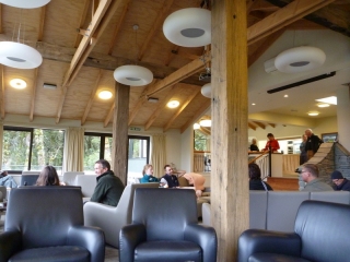 A bunch of the most pampered hikers in the world relax after a soggy day on the Routeburn Track